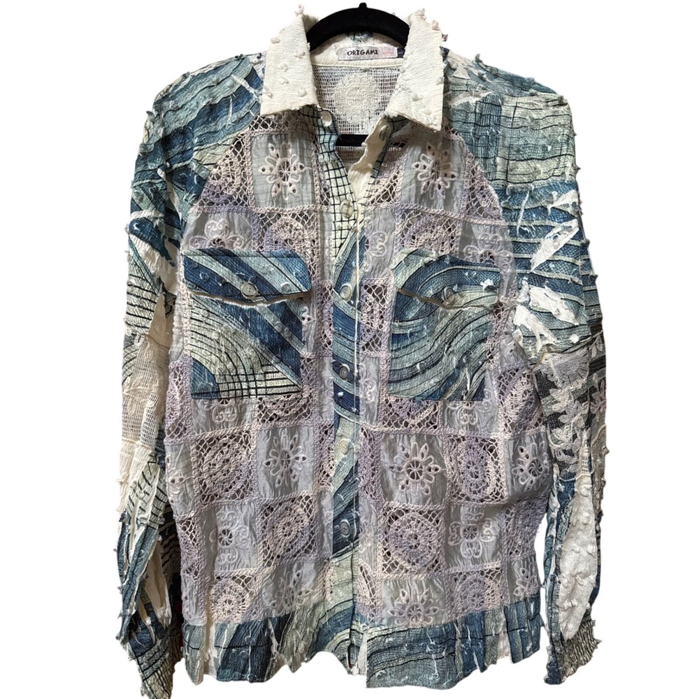 Origami by Vivien Blue Patchwork Crochet Lace Button Up Shirt OLS-1260 S